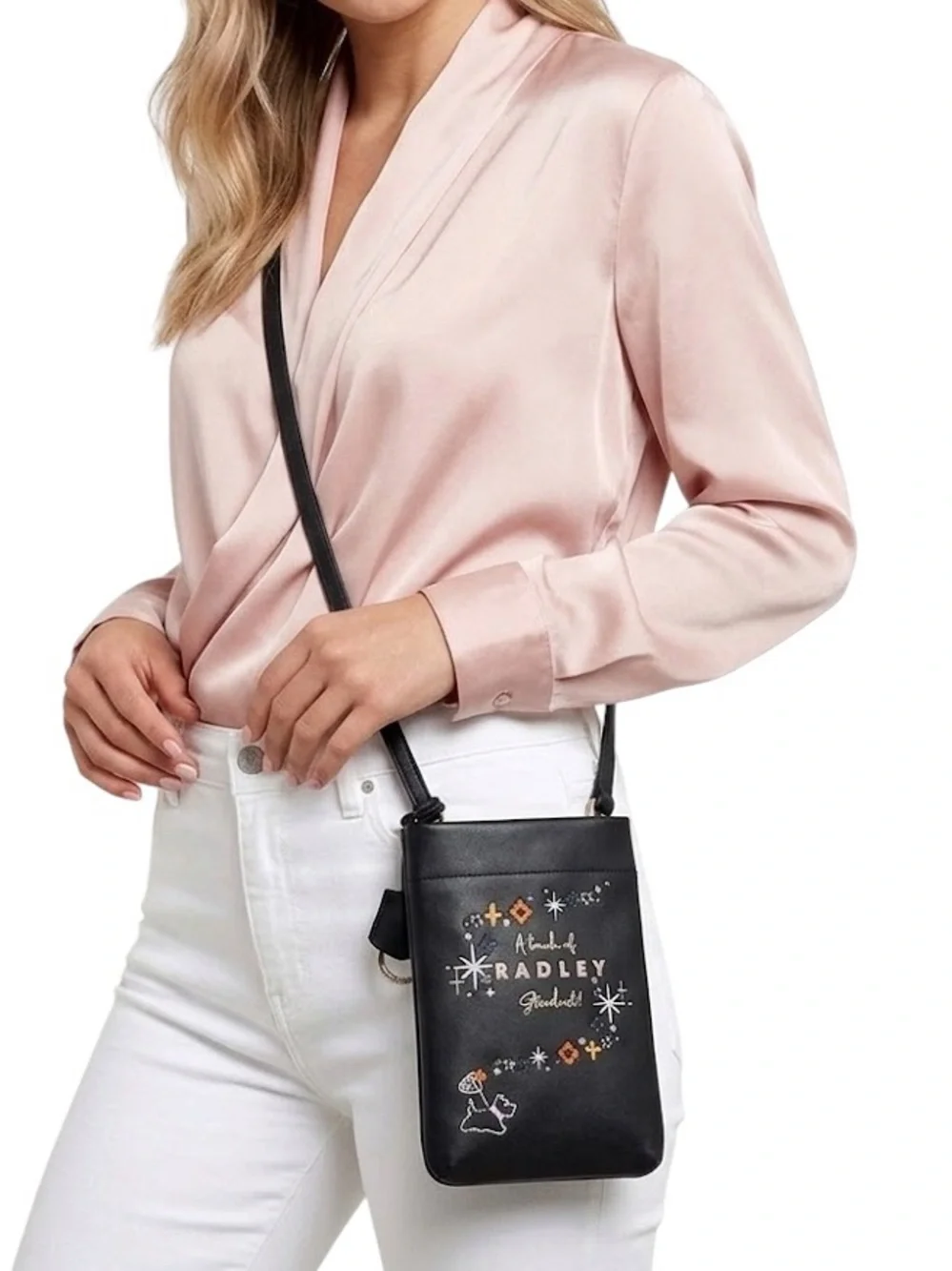 NWT Radley London Stardust Black Leather Mini Crossbody Phone Bag Scottie Dog - Picture 2 of 7